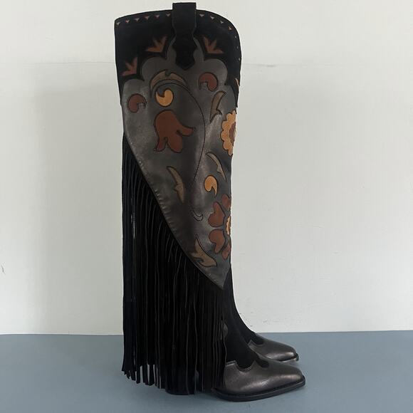 NWT Spell Sannah Fringe Onyx Black Leather Suede Western Tall Boots - Picture 9 of 16